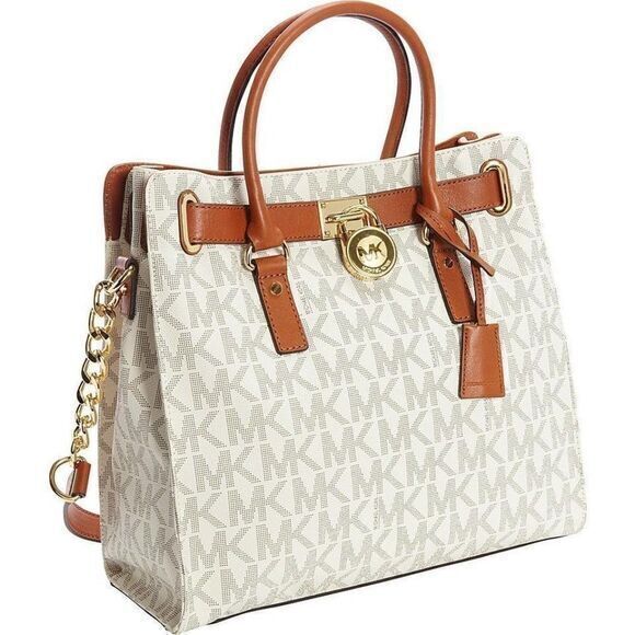 Michael‎ Kors Hamilton Logo Shoulder Tote Vanilla Brown/White - Picture 1 of 7